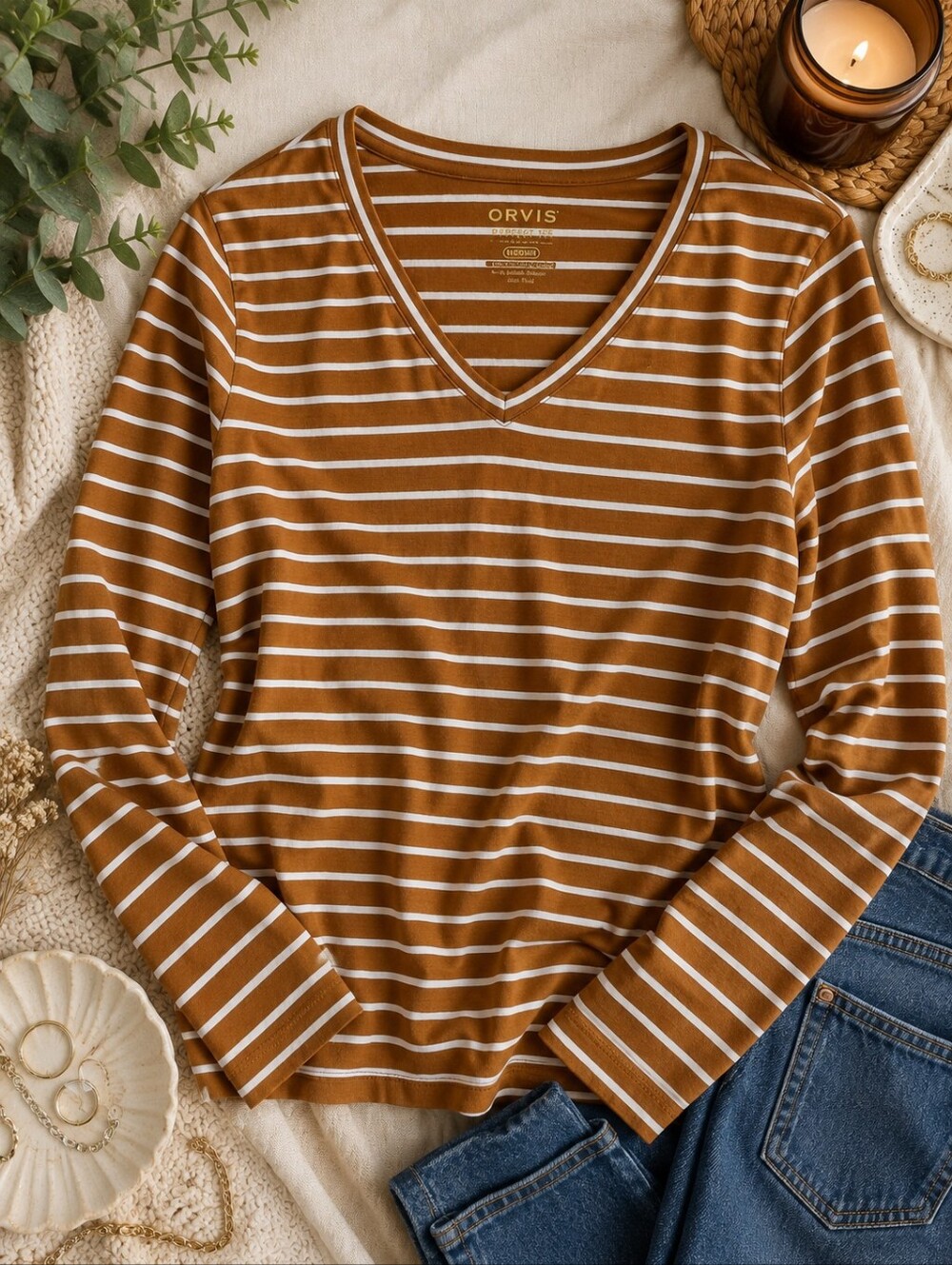Orvis Tan & White Striped V-Neck Long Sleeve Shirt